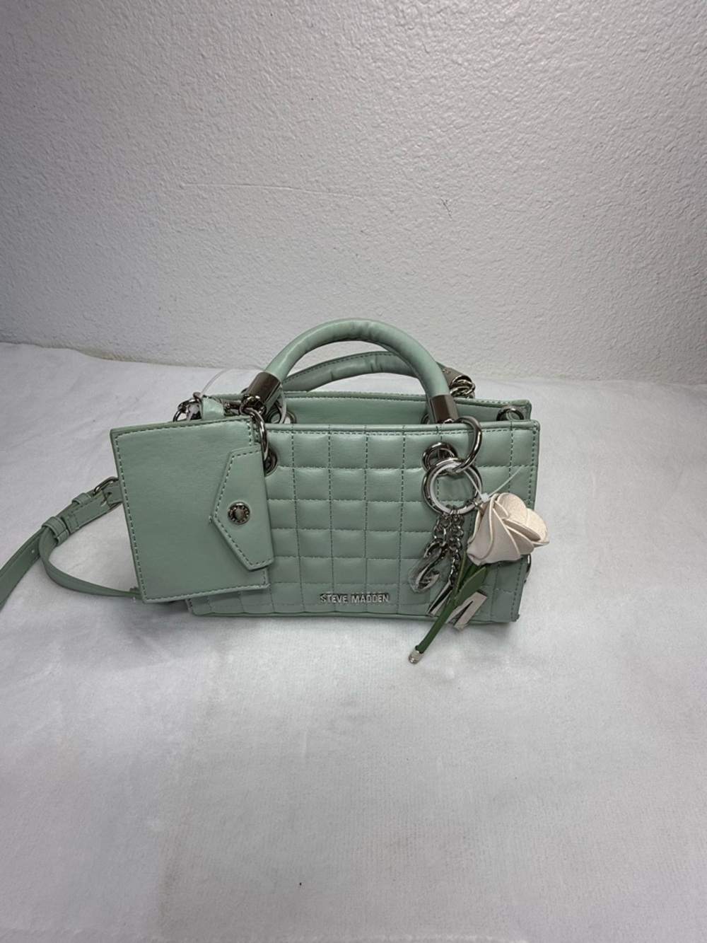 Steve Madden Mint Quilted Top-Handle Satchel with Floral Charm